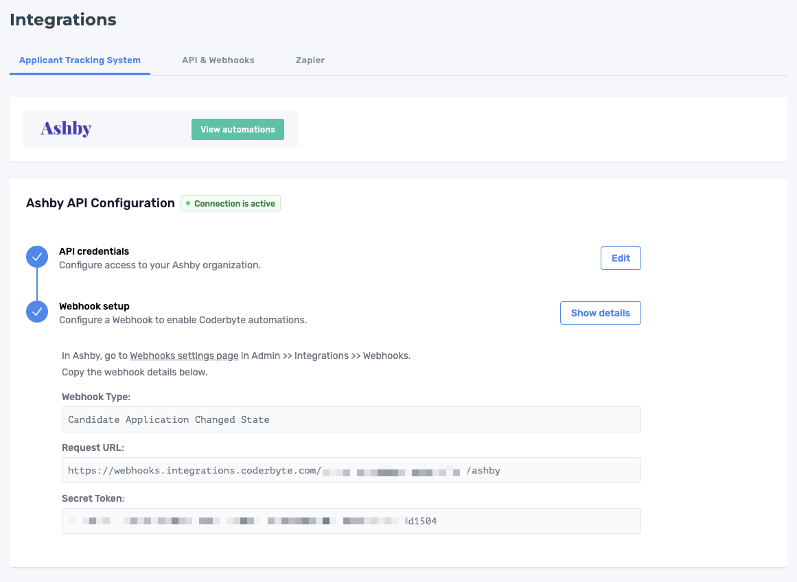 Details of the example Webhook configuration. Please note that these details are unique for each account.